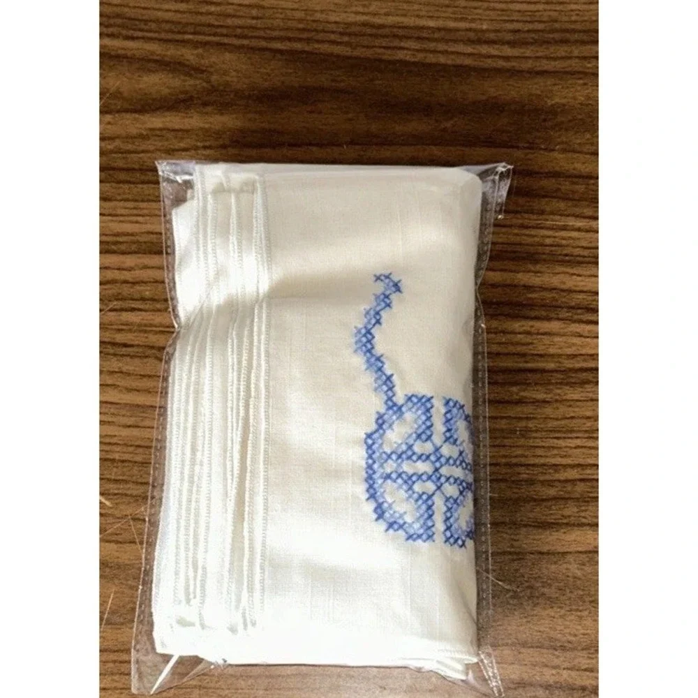 Vintage Hand Embroidered Linen Napkins Set 8 Blue Monogram Cross Stitch USA